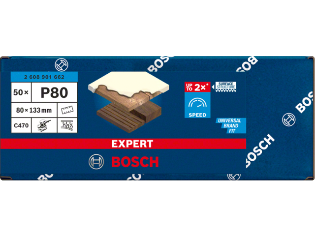 Brusni papir EXPERT Bosch z 8 luknjami za vibracijske brusilnike, Dimenzije: 80x133 mm, Zrnatost: 80, 2608901662